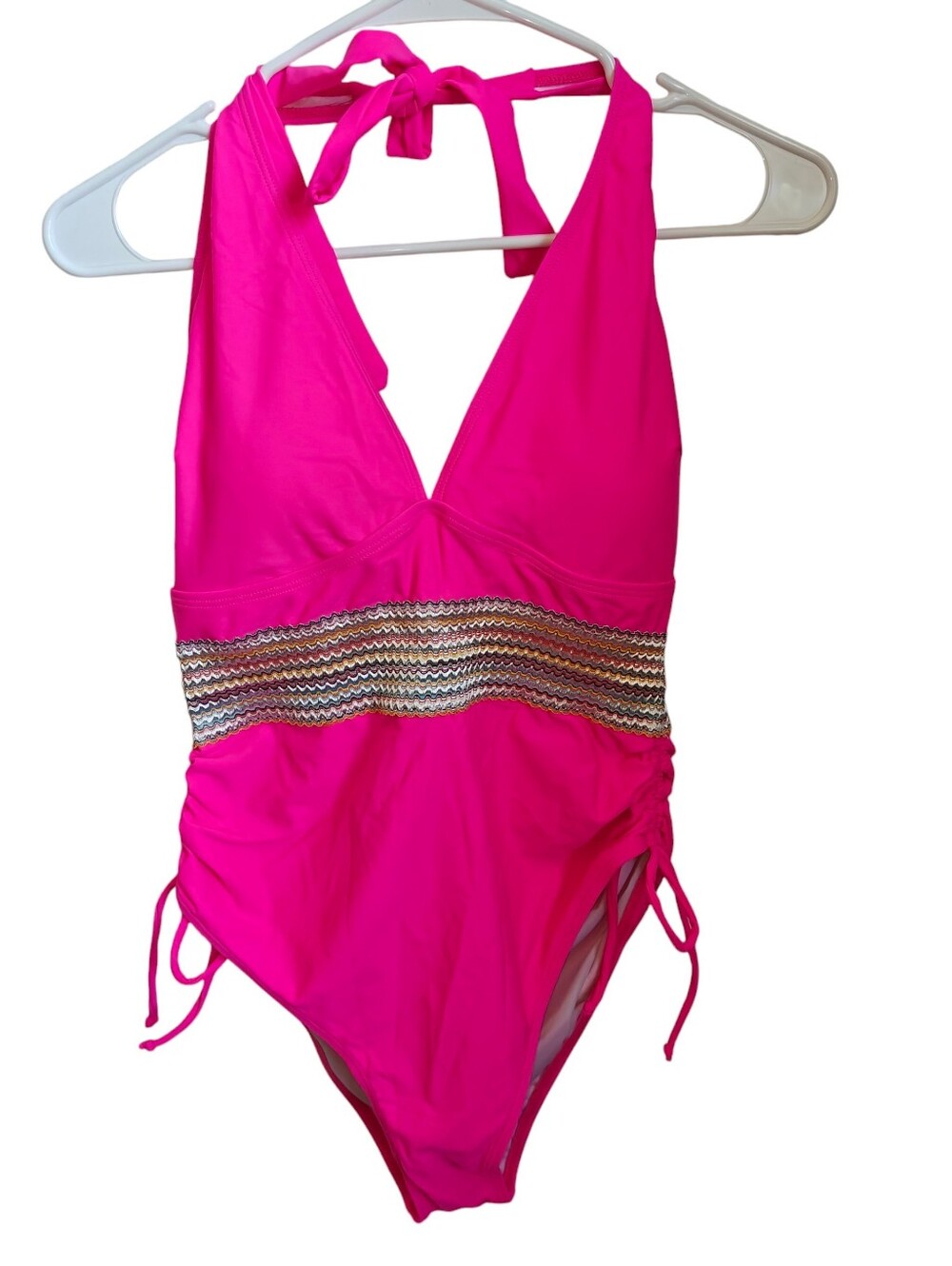 Amazon Hot Pink V-Neck One-Piece Swimsuit with Waist Detail Size M - Picture 2 of 7